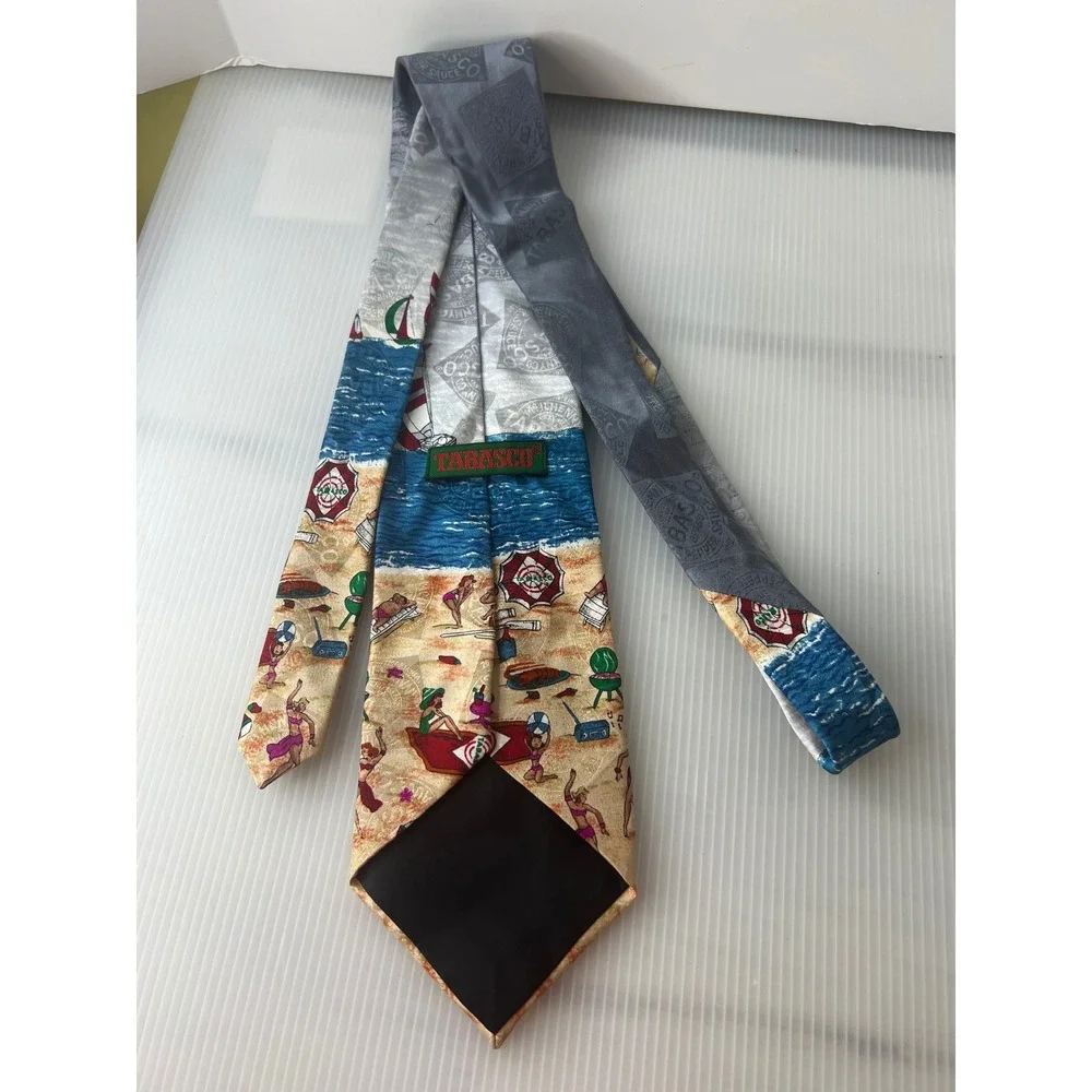 Tabasco Mens Silk Tie Beach Scene Sailboat Novelty Necktie Blue Grey Made in USA